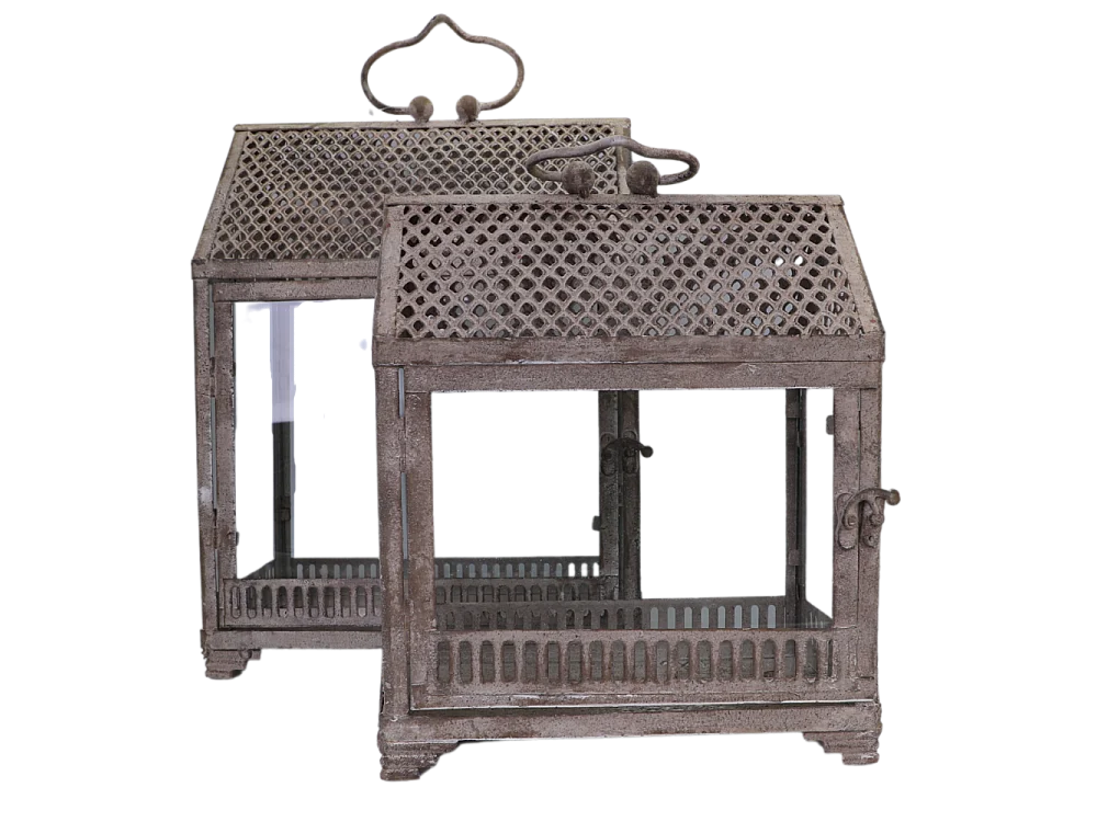 Lanternes mini serres jardin à poser ancienne métal verre gris 28-37cm