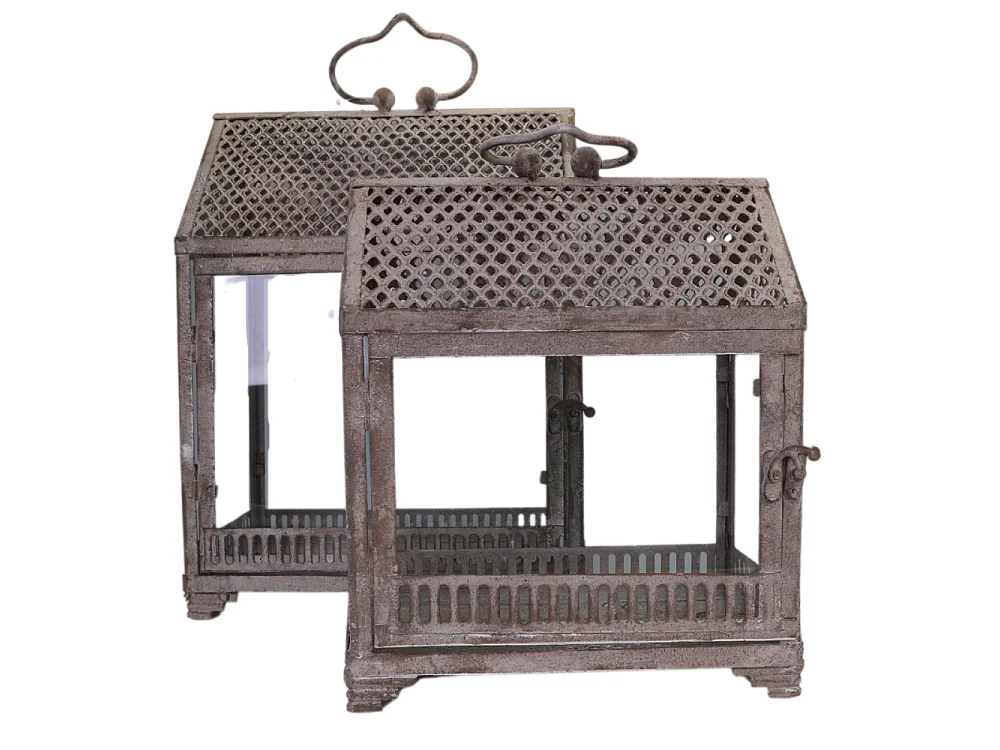 Lanternes mini serres jardin à poser ancienne métal verre gris 28-37cm