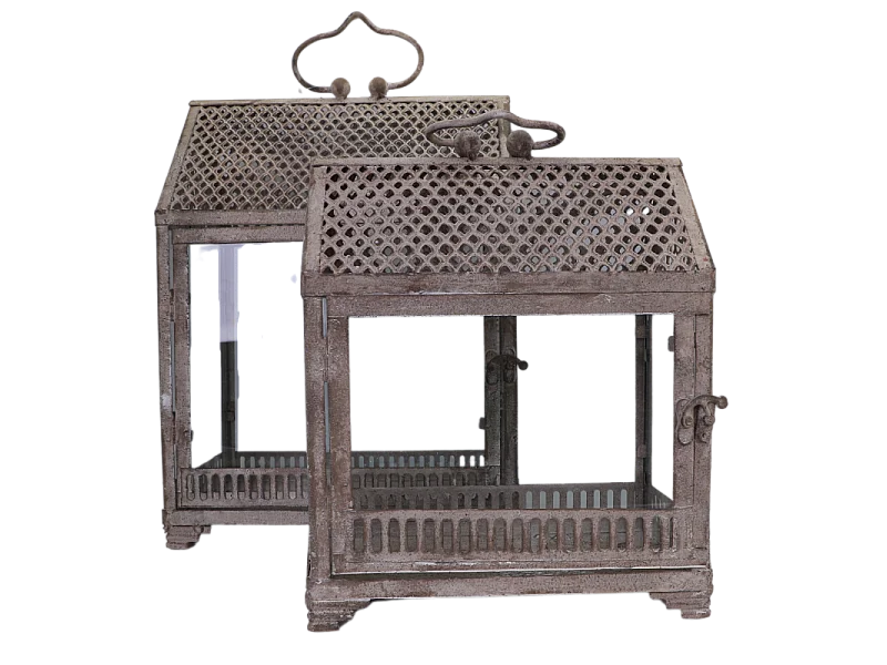 Lanternes mini serres jardin à poser ancienne métal verre gris 28-37cm