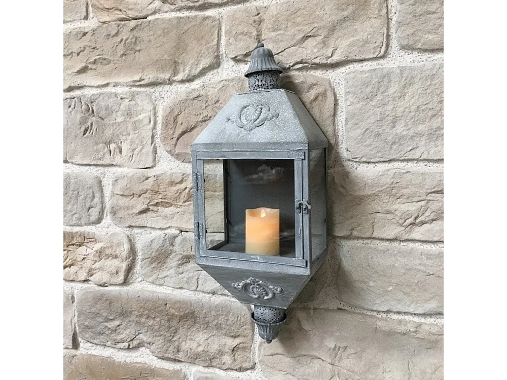 Lanterne extérieure jardin bougie murale ancienne métal gris 70cm