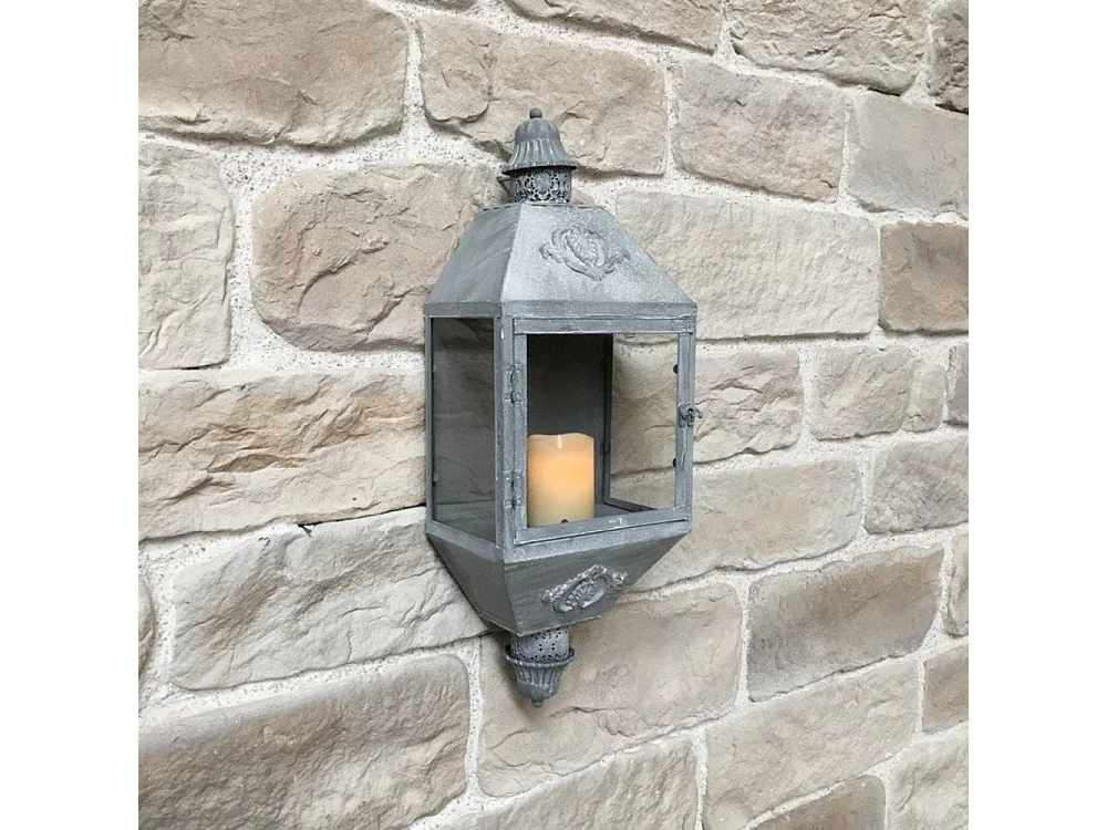 Lanterne extérieure jardin bougie murale ancienne métal gris 70cm