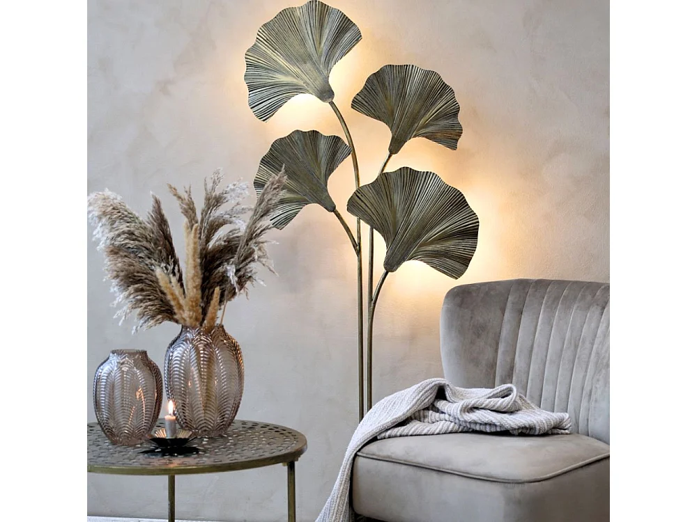 Lampadaire 4 feuilles ginko en métal laiton antique 65 x 25 x 150 cm