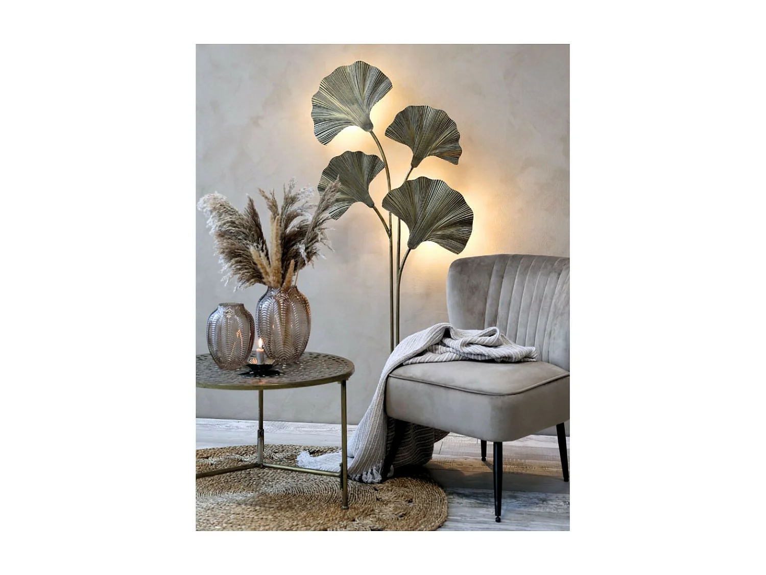 Lampadaire 4 feuilles ginko en métal laiton antique 65 x 25 x 150 cm