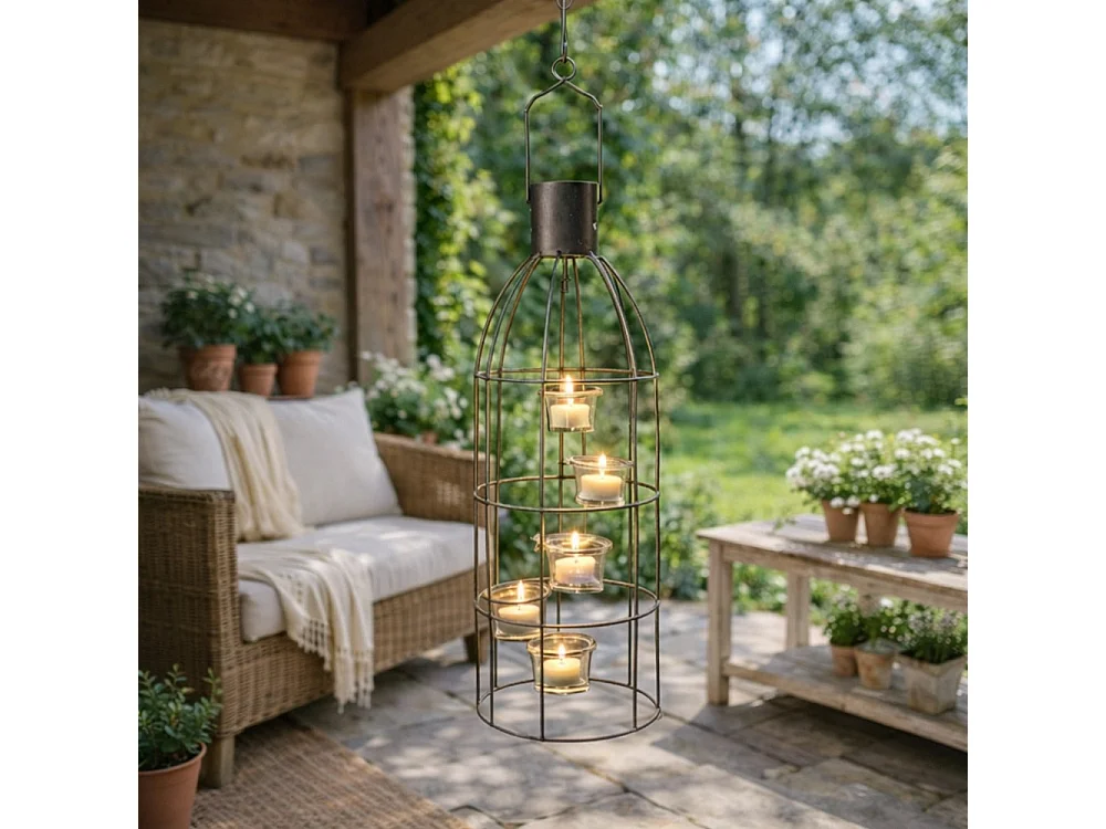 Lanterne extérieure jardin à poser bougie ancienne métal gris 60 cm