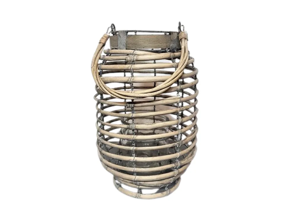 Lanterne jardin extérieur à poser bougie ancienne rotin 30 cm