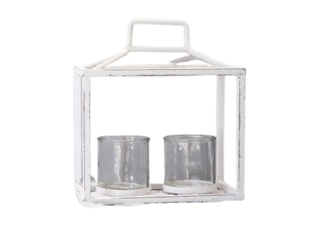 Lanterne jardin extérieur à poser bougie ancienne métal blanc 27 cm