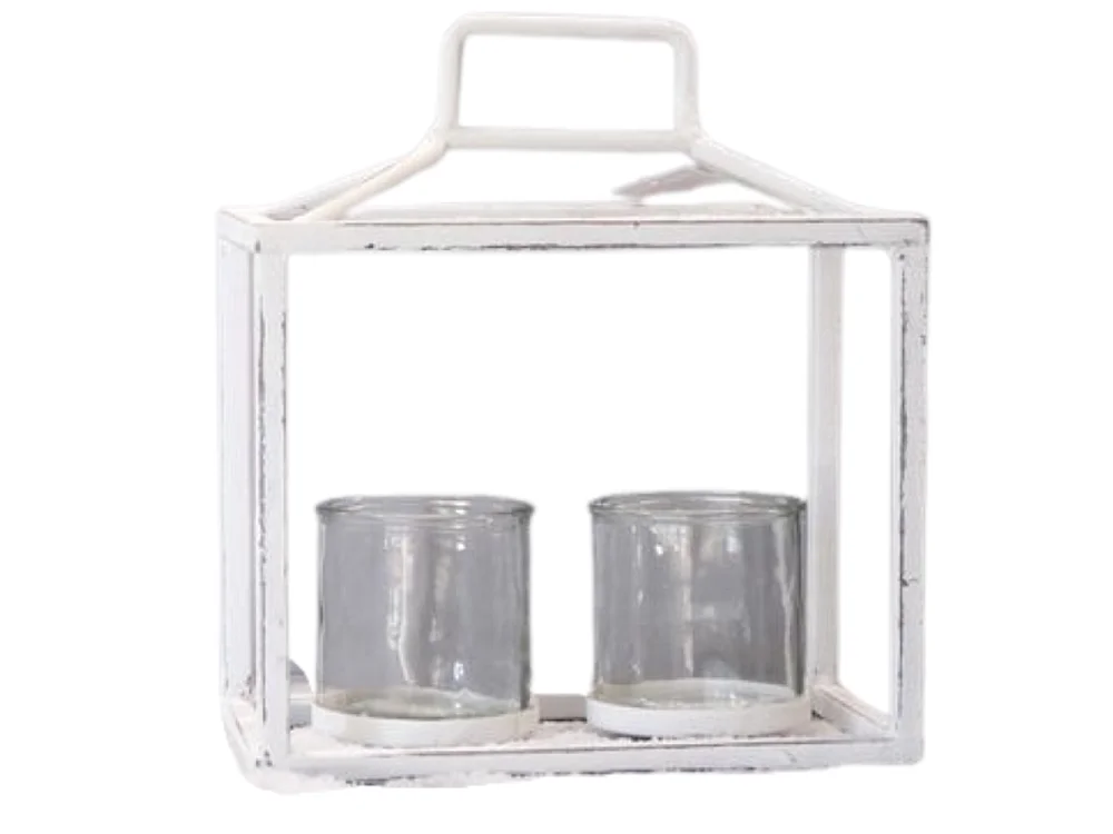 Lanterne jardin extérieur à poser bougie ancienne métal blanc 27 cm