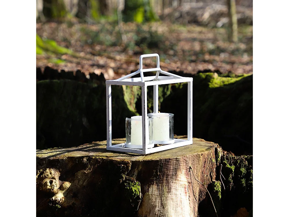 Lanterne jardin extérieur à poser bougie ancienne métal blanc 27 cm