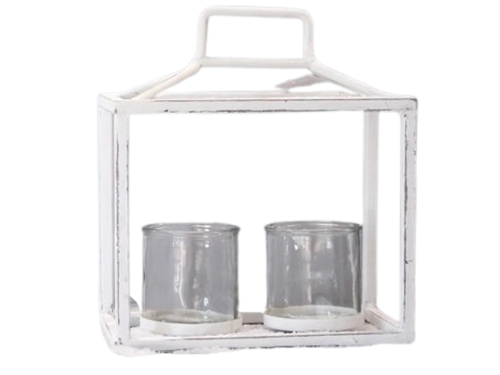 Lanterne jardin extérieur à poser bougie ancienne métal blanc 27 cm