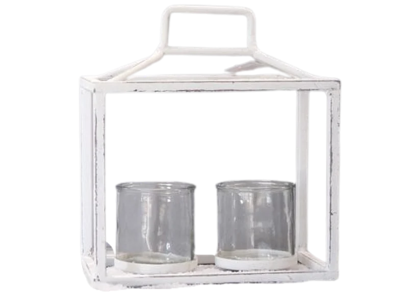 Lanterne jardin extérieur à poser bougie ancienne métal blanc 27 cm