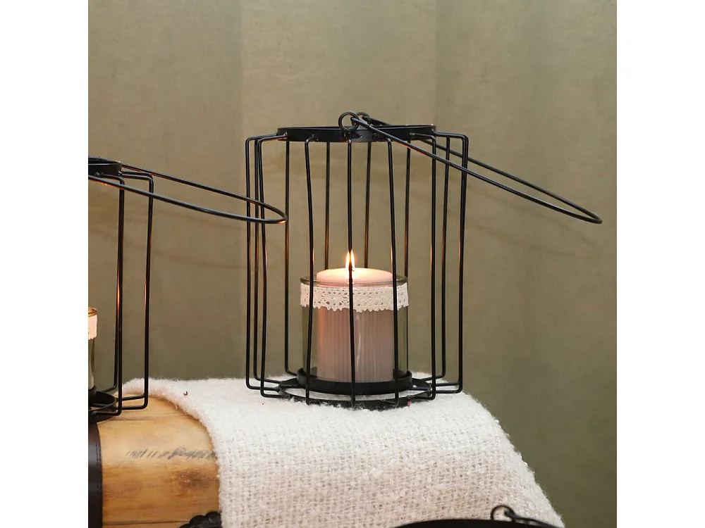 Lanterne jardin extérieur à poser bougie ancienne métal noir 20x25cm