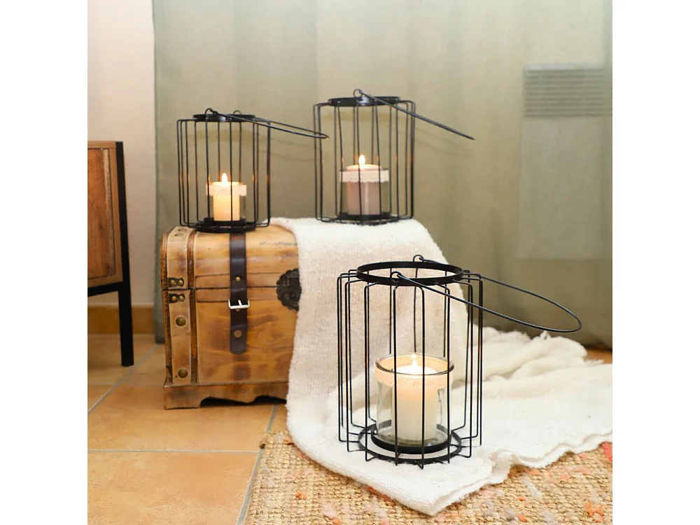 Lanterne jardin extérieur à poser bougie ancienne métal noir 20x25cm