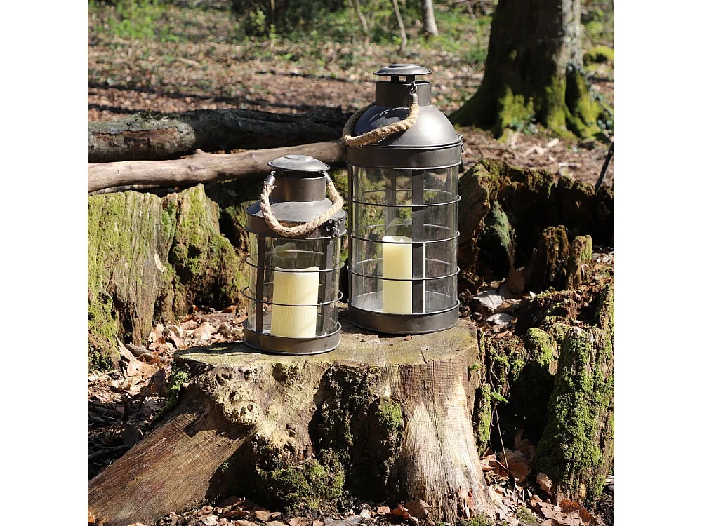 Lanterne extérieure jardin à poser bougie industrielle métal gris 46 cm