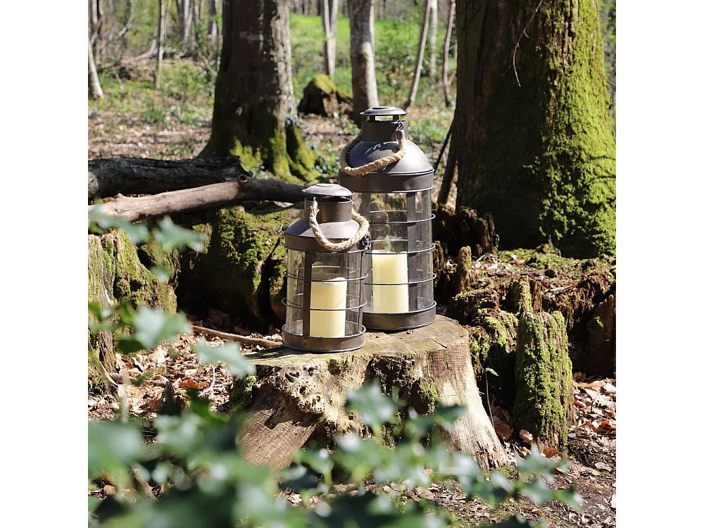 Lanterne extérieure jardin à poser bougie industrielle métal gris 46 cm