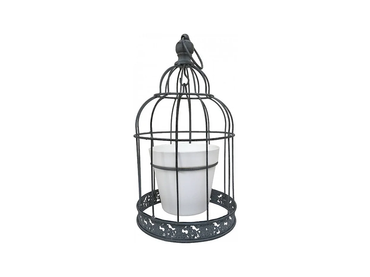 Cage à oiseaux décorative ancienne porte-plantes métal gris 35cm