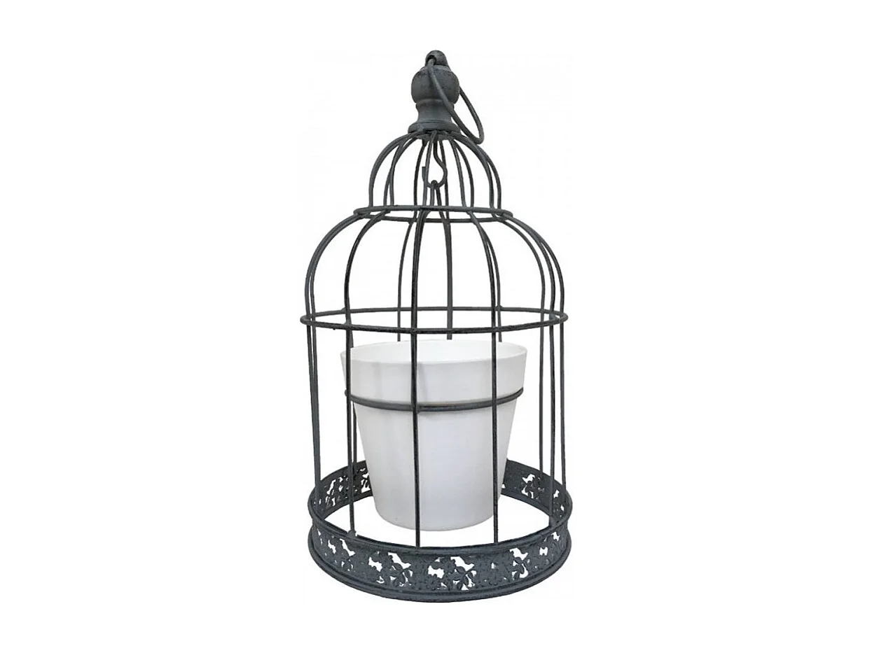 Cage à oiseaux décorative ancienne porte-plantes métal gris 35cm