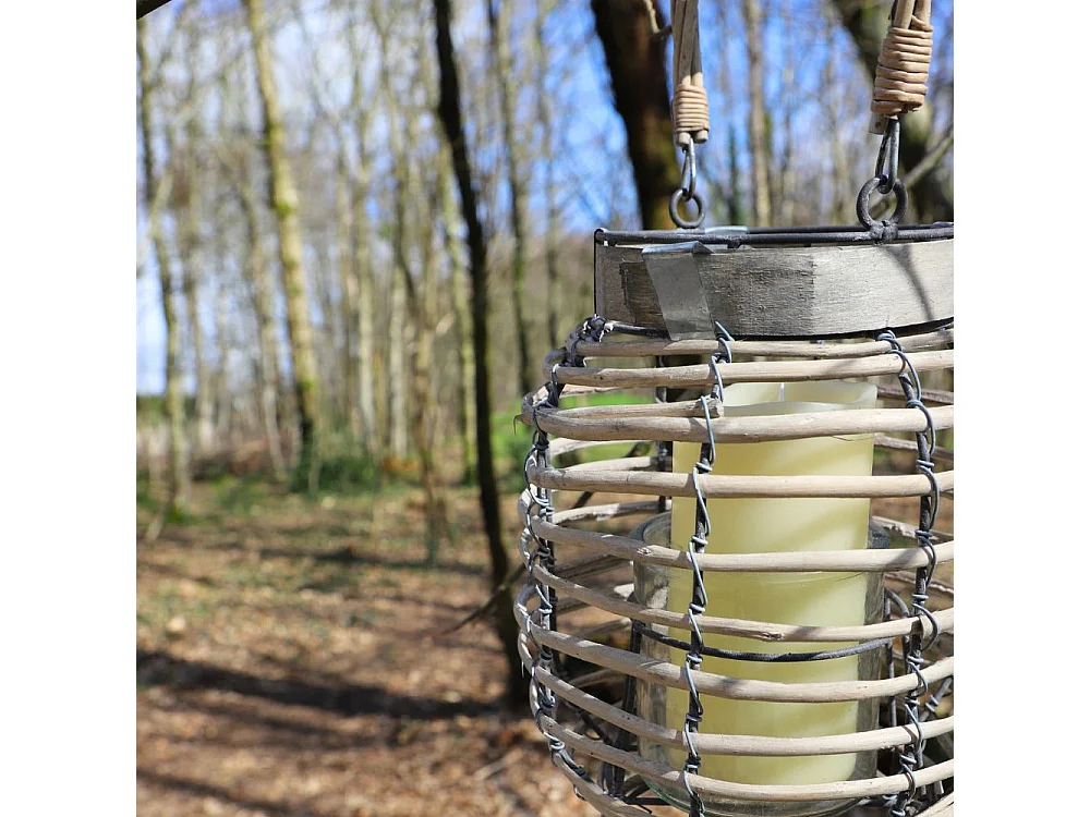 Lanterne jardin extérieur à poser bougie ancienne rotin 24cm