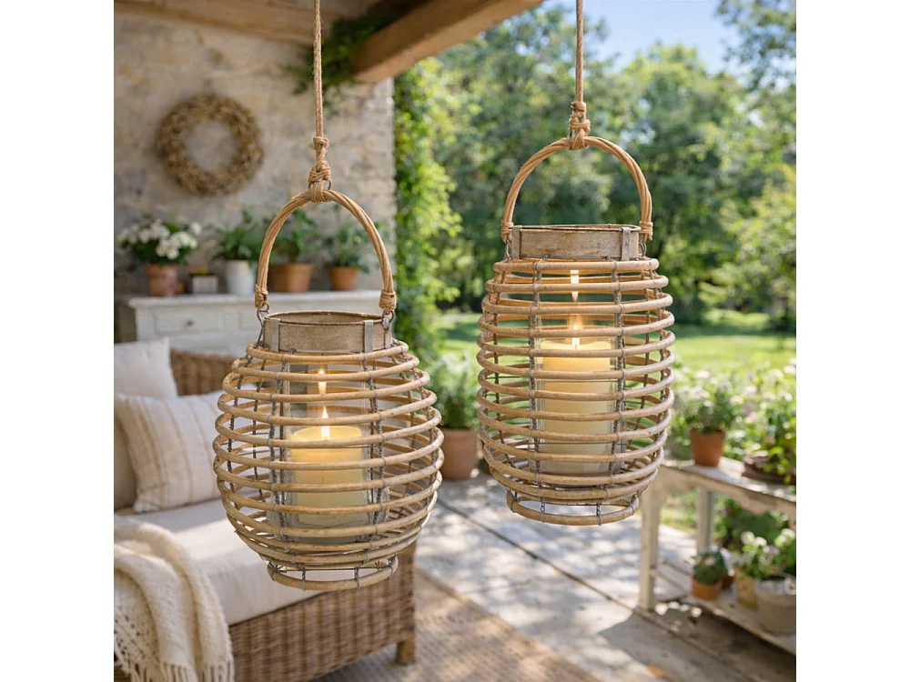 Lanterne jardin extérieur à poser bougie ancienne rotin 24cm