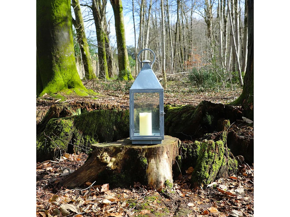 Lanterne extérieure jardin à poser bougie ancienne métal gris 52cm