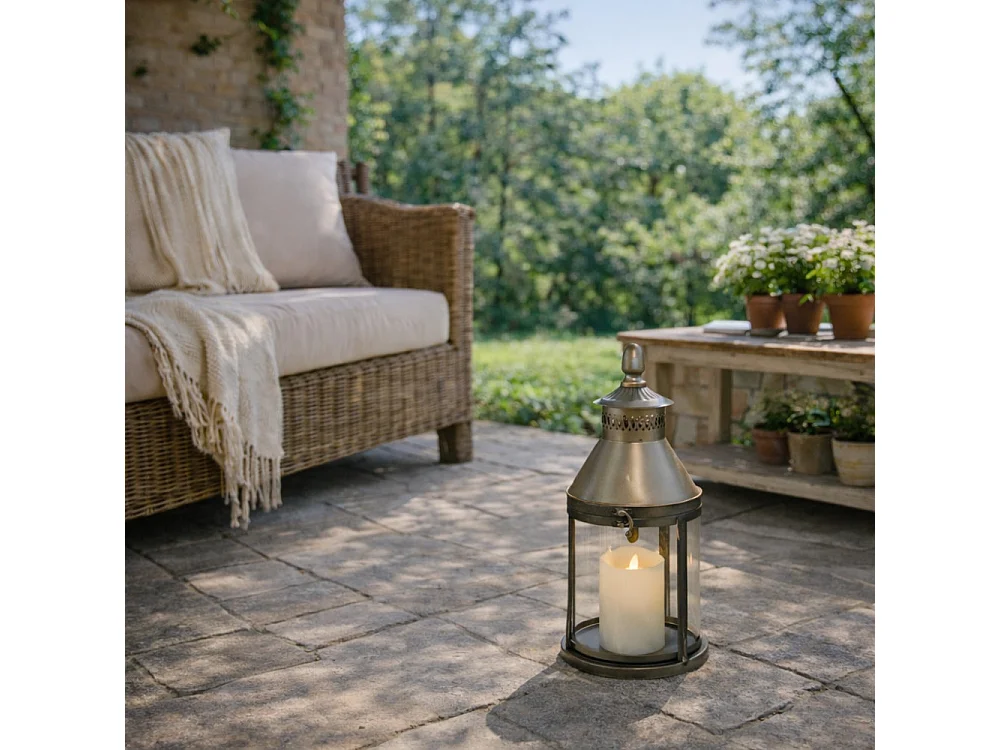 Lanterne extérieur jardin à poser bougie industriel métal gris 40cm