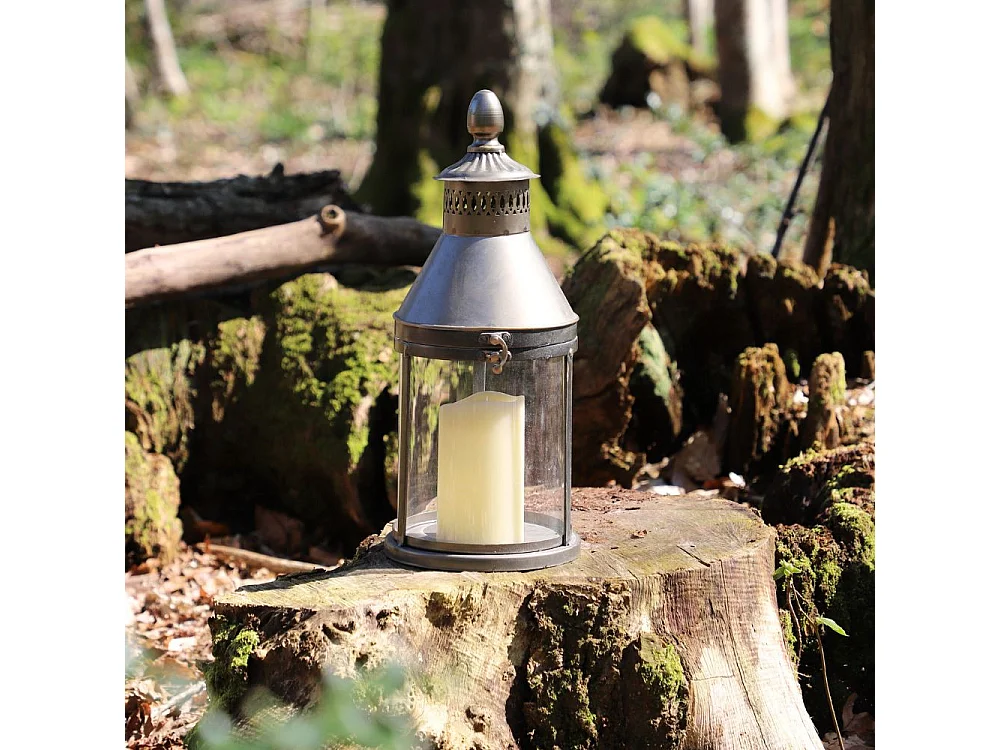 Lanterne extérieur jardin à poser bougie industriel métal gris 40cm