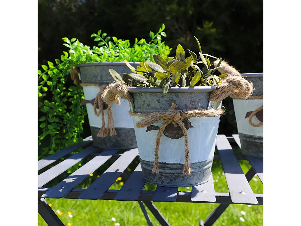 ~Set3 jardinières extérieures bassines sceaux métal gris 21.5-26-29cm