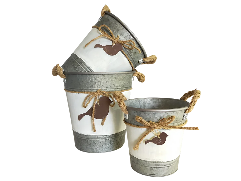 ~Set3 jardinières extérieures bassines sceaux métal gris 21.5-26-29cm