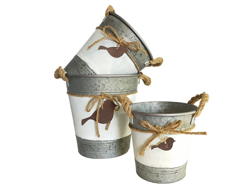 ~Set3 jardinières extérieures bassines sceaux métal gris 21.5-26-29cm