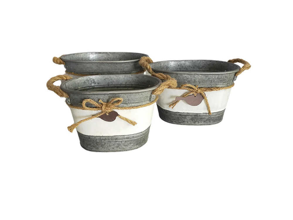 ~Set3 jardinières extérieures bassine métal gris 26.5-30.5-33.5cm