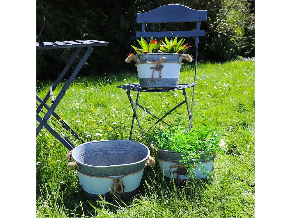 ~Set3 jardinières extérieures bassine métal gris 26.5-30.5-33.5cm