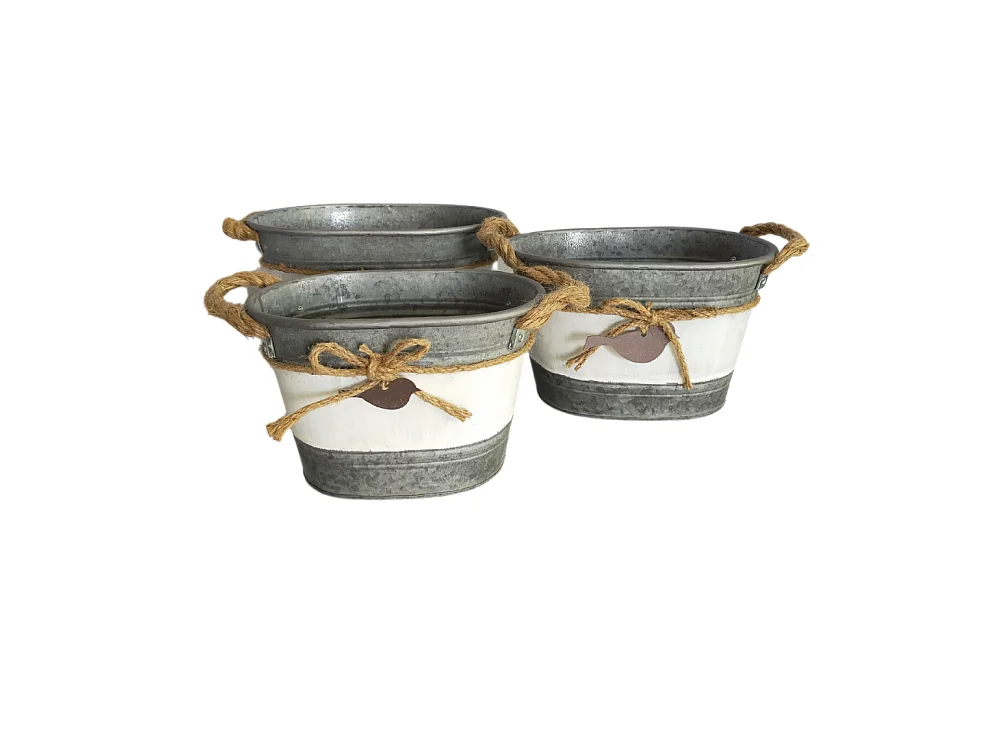 ~Set3 jardinières extérieures bassine métal gris 26.5-30.5-33.5cm
