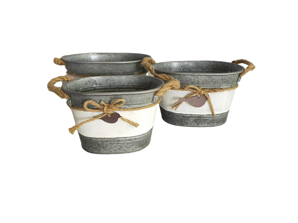 ~Set3 jardinières extérieures bassine métal gris 26.5-30.5-33.5cm