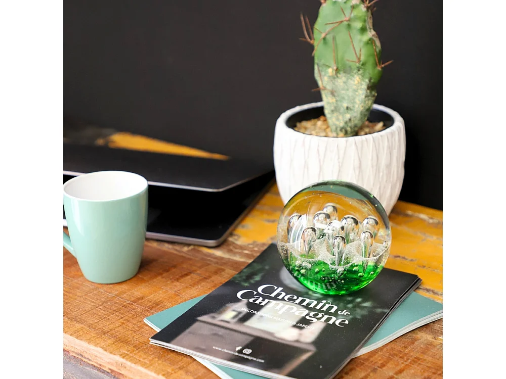 Presse papier sulfure "Gouttes" en verre vert Ø.9.5 cm