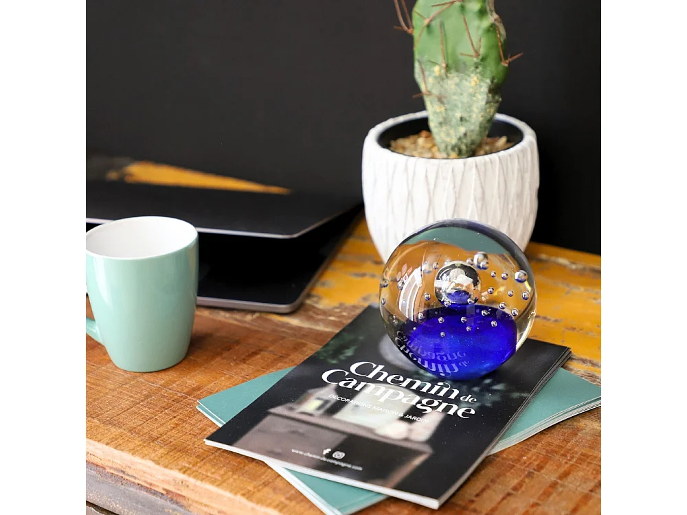 Presse papier sulfure en verre et bleu 10 x 9.5 cm