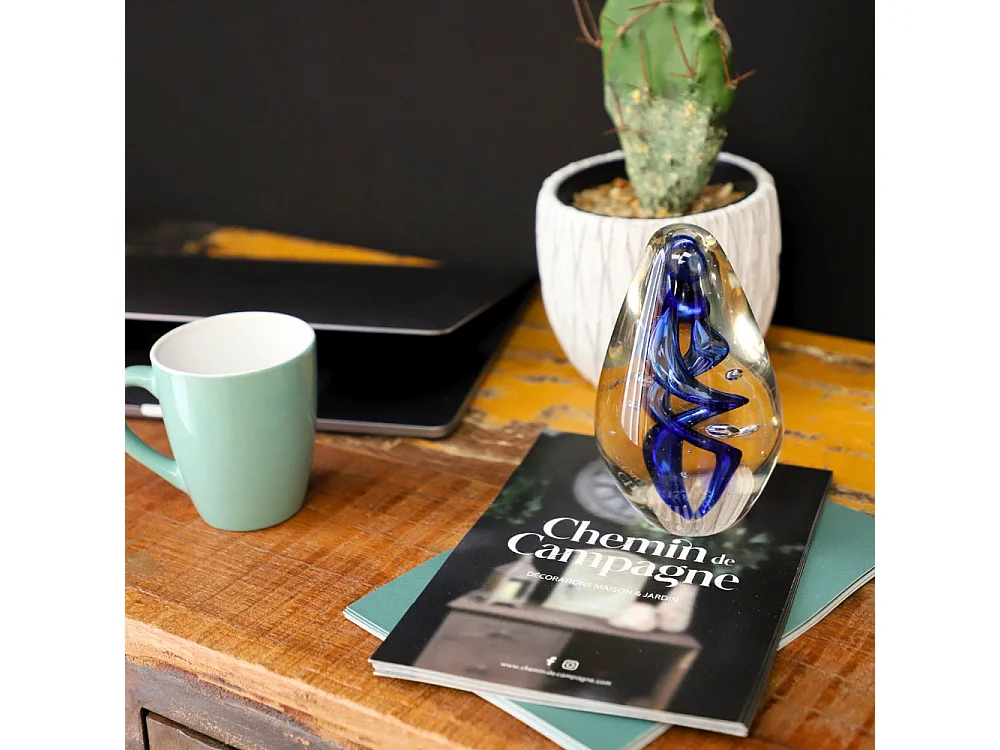 Presse papier sulfure "Spirales" en verre bleu 13.5 x 8 cm