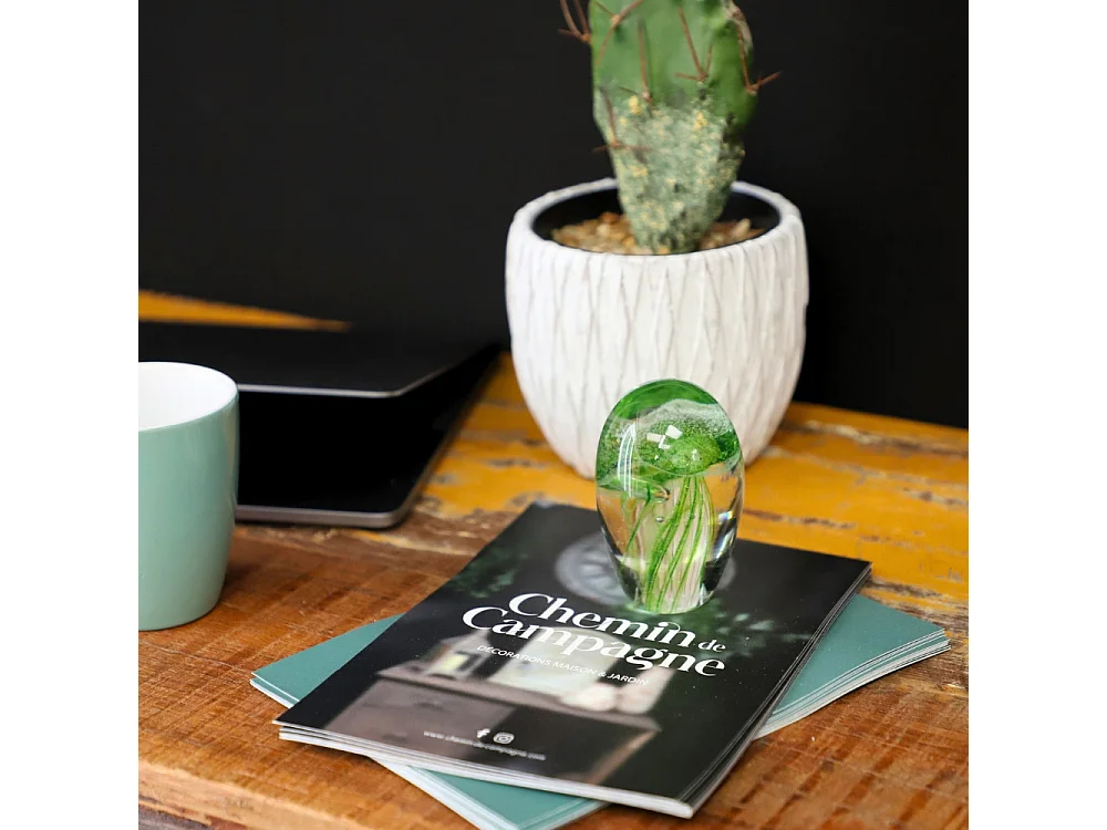 Presse papier sulfure "Méduses" en verre vert 9 x 6 cm