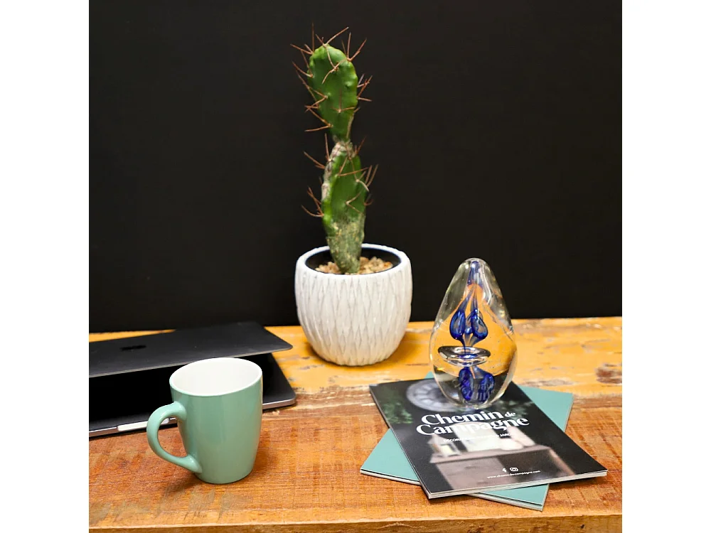 Presse papier sulfure Bulles en verre bleu 14 x 8.5 cm