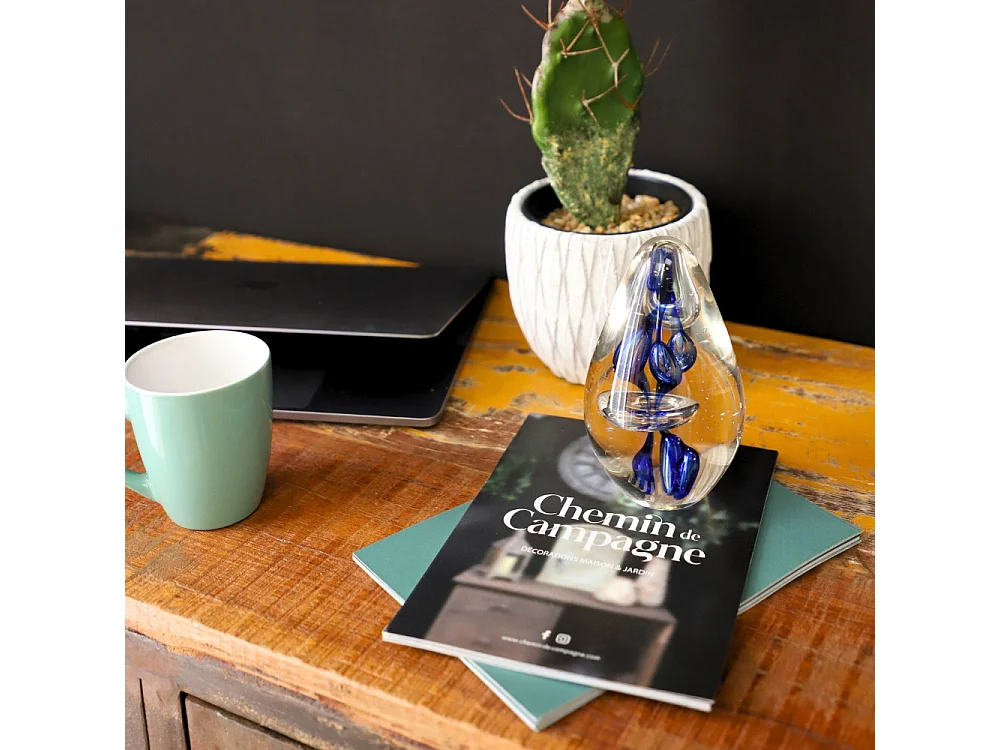 Presse papier sulfure Bulles en verre bleu 14 x 8.5 cm