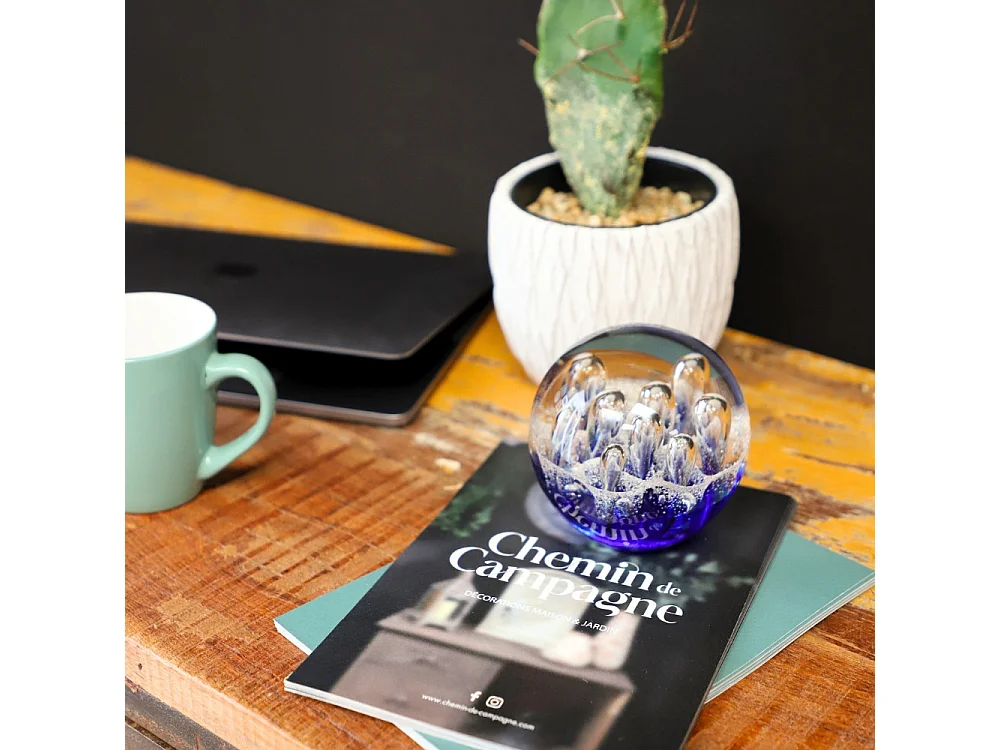 Presse papier sulfure "Océan" en verre bleu Ø.8 cm