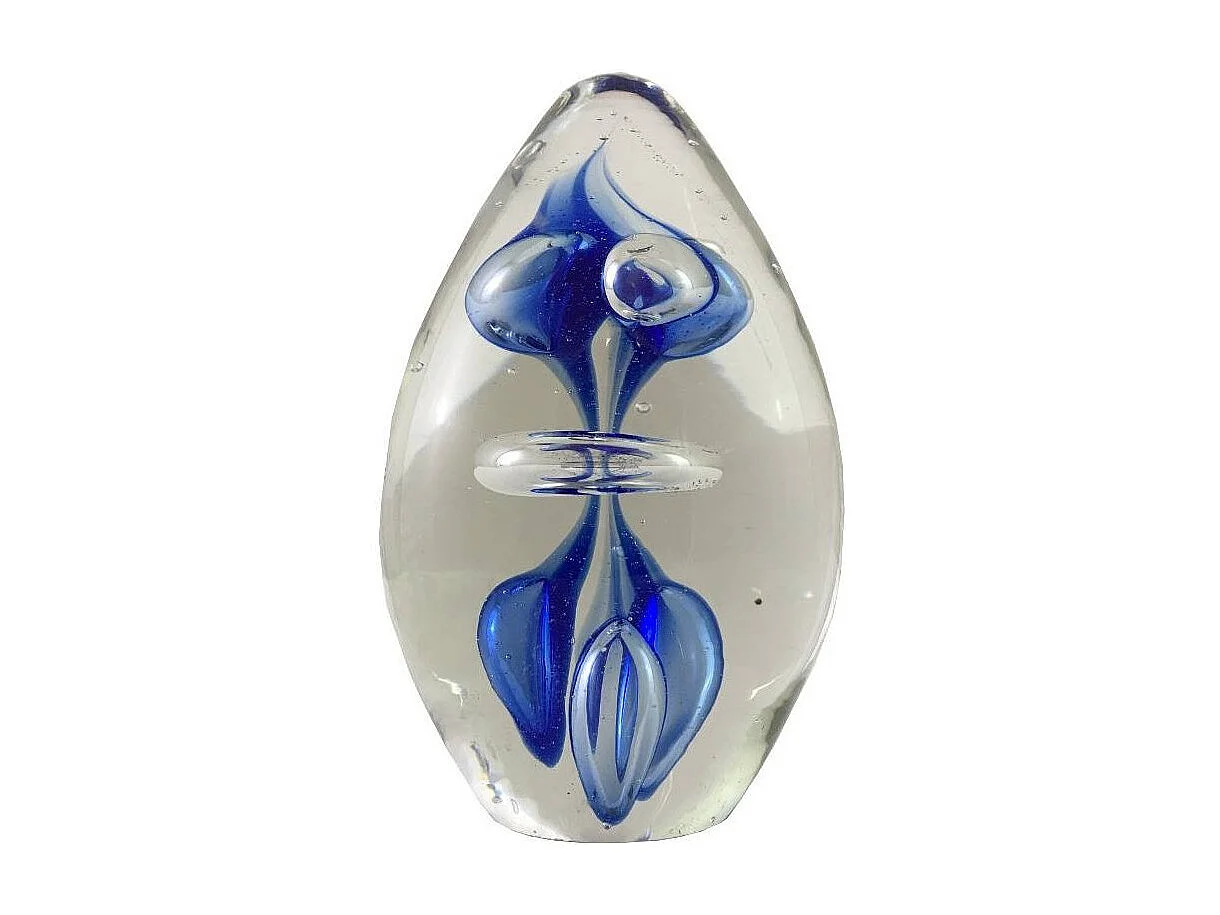 Presse papier sulfure Flammes en verre bleu 10 x 6.5 cm
