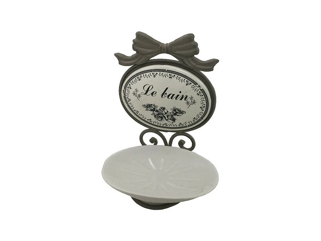 Porte savon en fer et porcelaine gris et blanc 19 x 13 cm