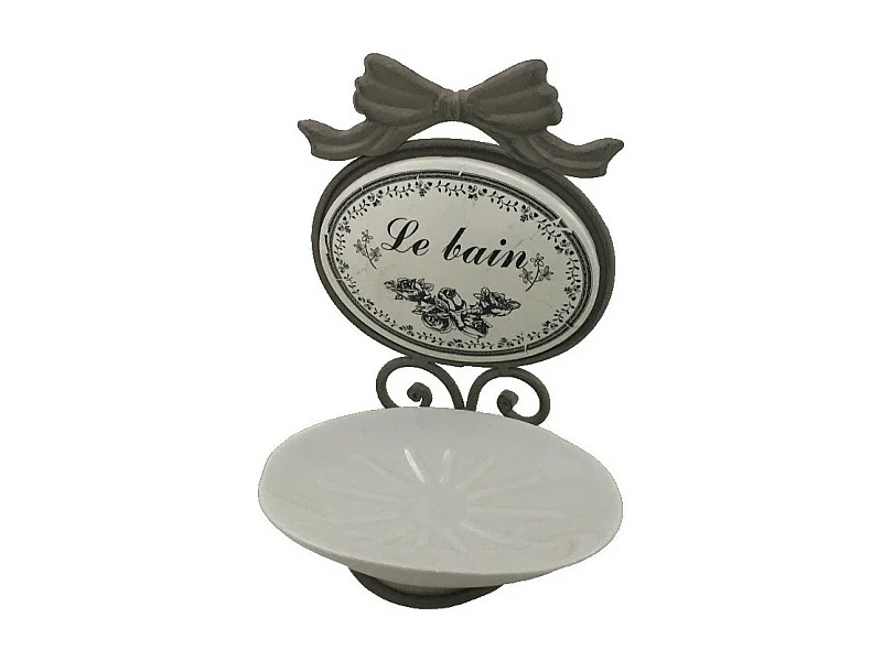 Porte savon en fer et porcelaine gris et blanc 19 x 13 cm