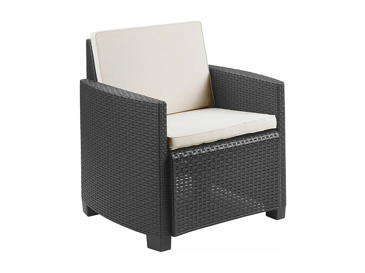 Conjunto Jardín Exterior - 4 butacas SIRACUSA + 1 mesa NASSAU - Gris-Antrácita - 63x58x74cmSet 5 piezas - Cojines Incluidos - Estilo Ratan