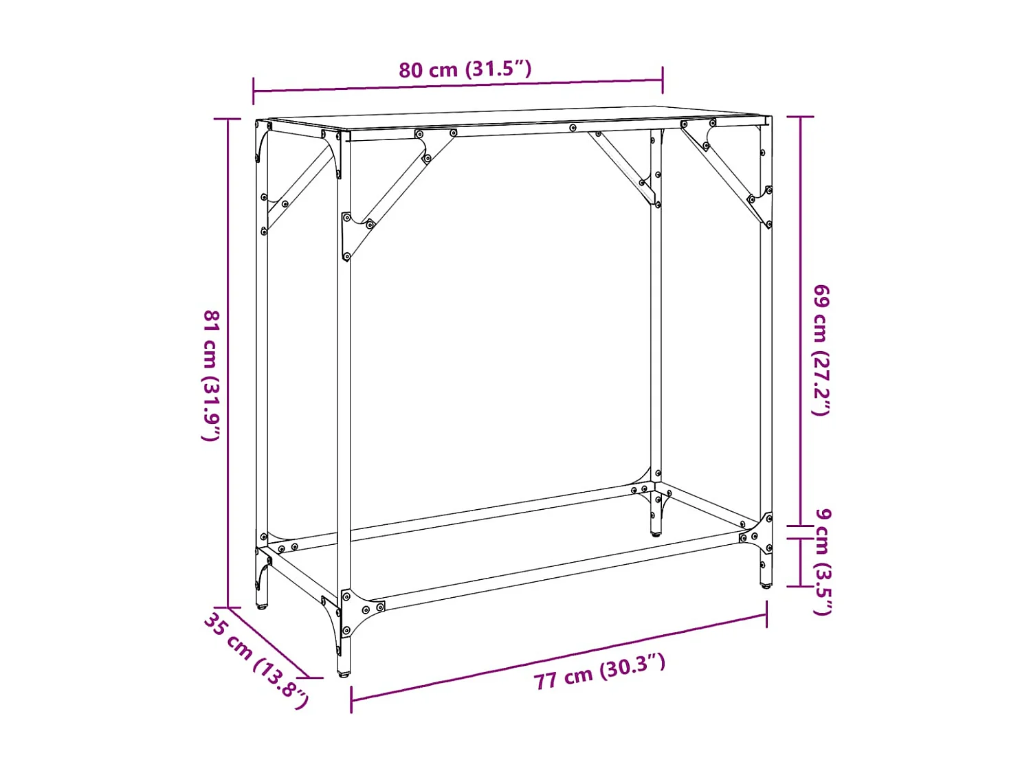 Wandtafel met zwart glazen blad 80x35x81 cm staal