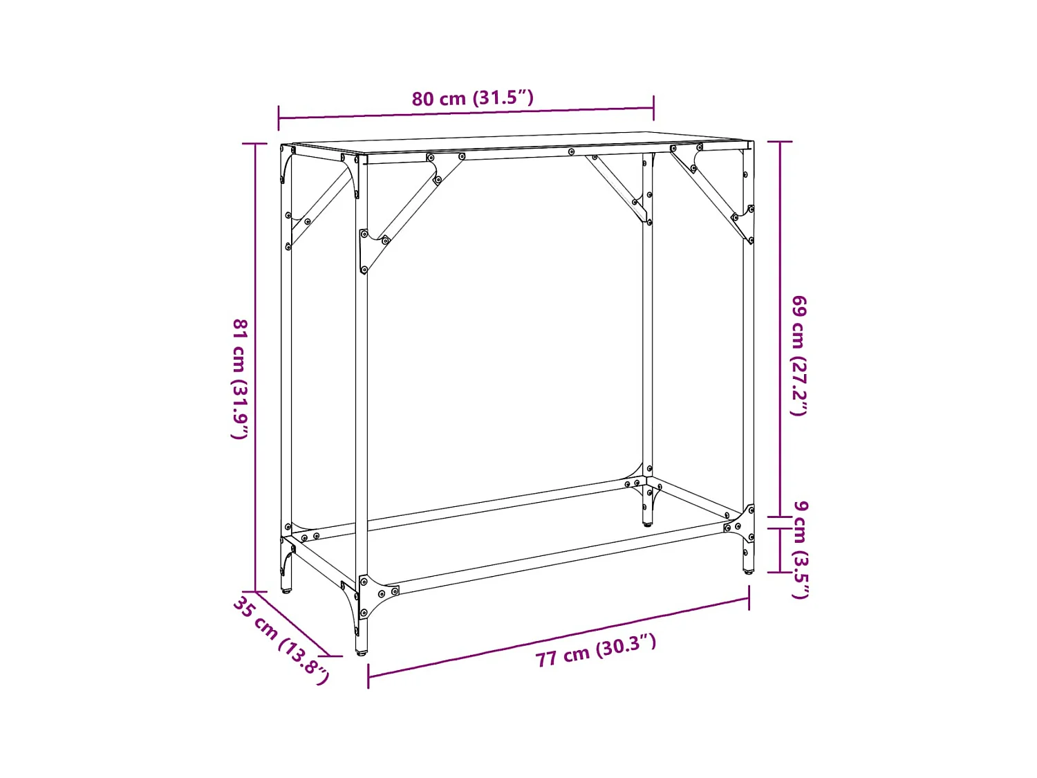 Table console avec dessus en verre noir 80x35x81 cm acier