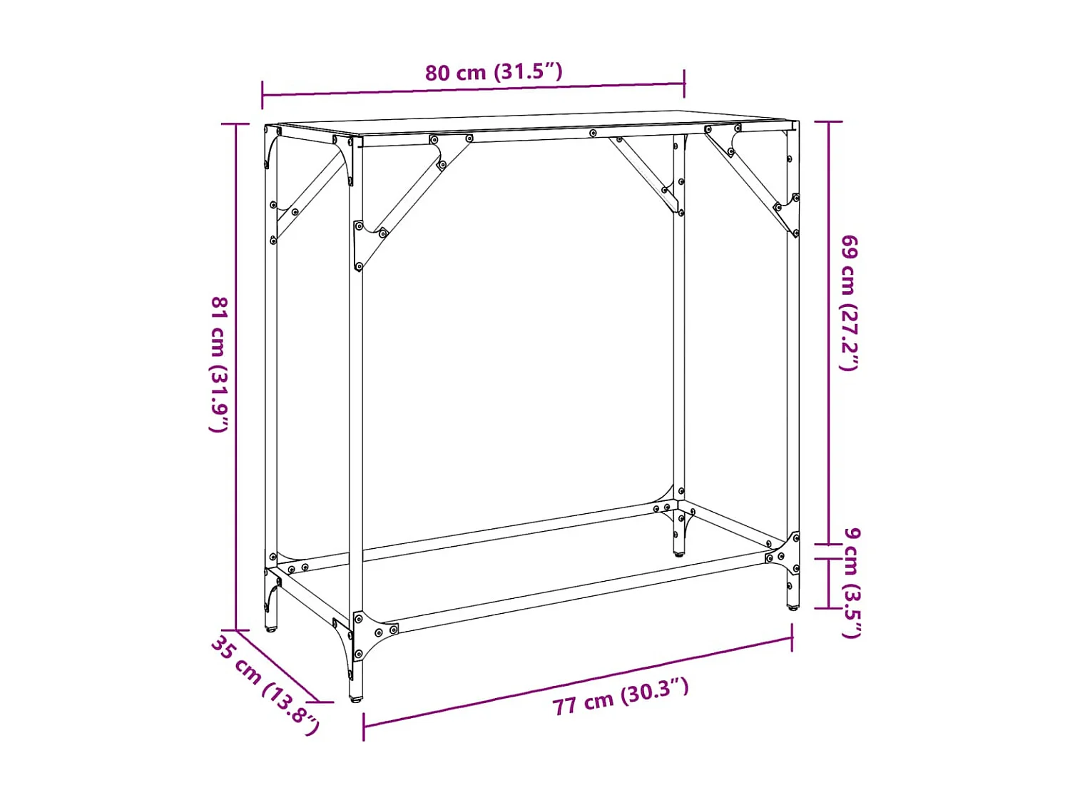 Table console avec dessus en verre transparent 80x35x81cm acier