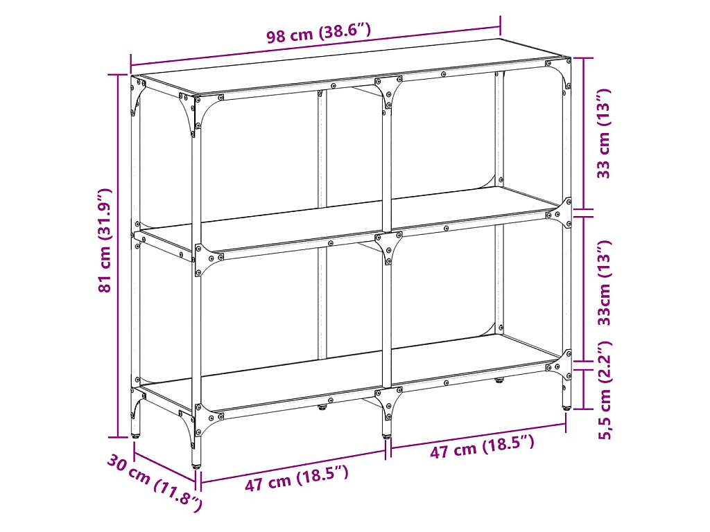 Table console avec dessus en verre transparent 98x30x81cm acier
