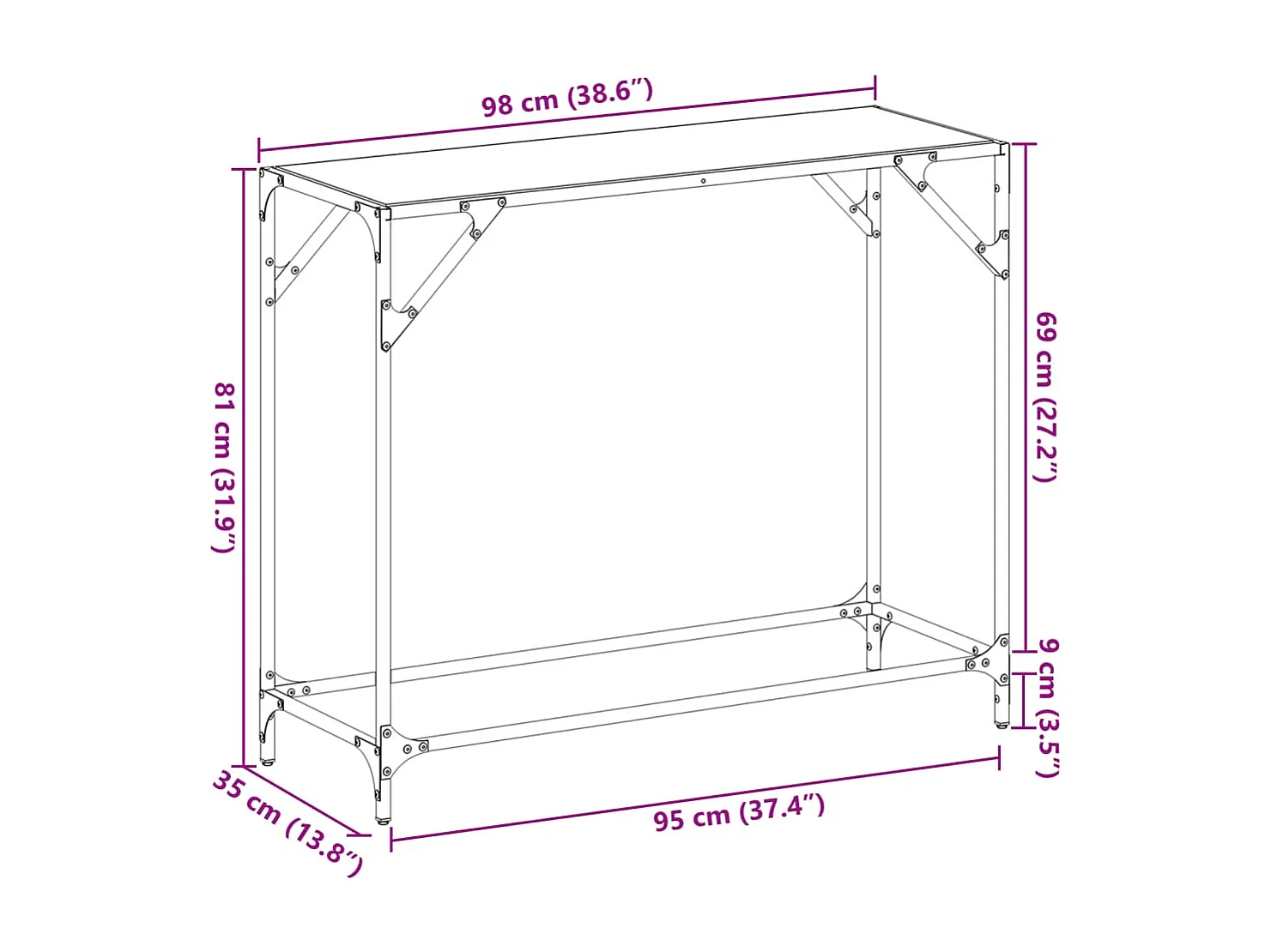 Table console avec dessus en verre transparent 98x35x81cm acier