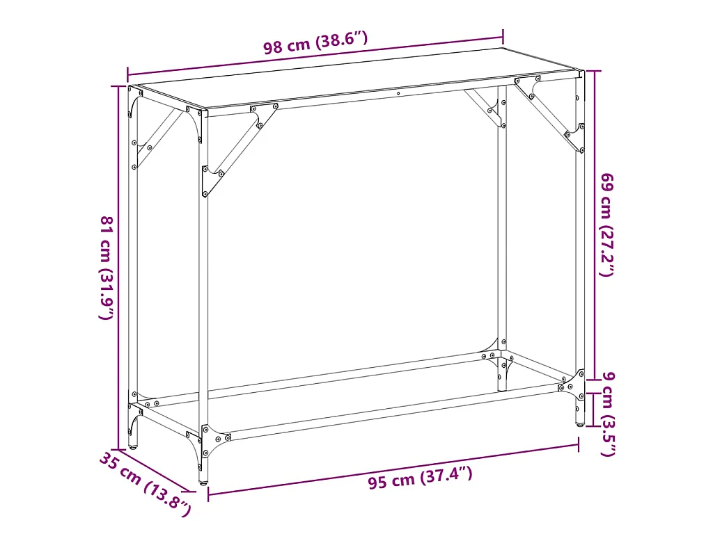Wandtafel met transparant glazen blad 98x35x81 cm staal