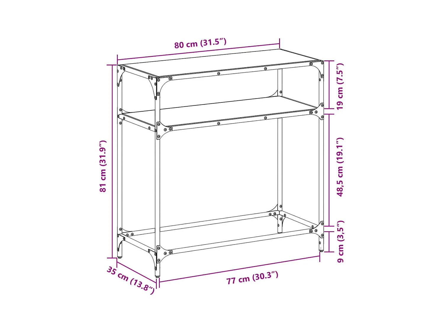 Table console avec dessus en verre noir 80x35x81 cm acier